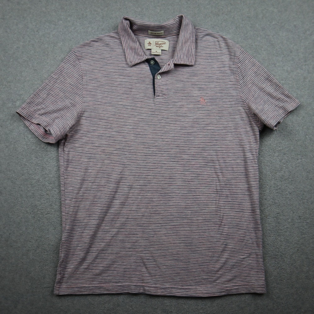 Original Penguin Polo Mens Medium Heritage Slim Fit Pink Striped Short Sleeve